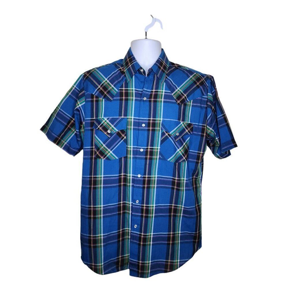 Vintage Plains Western Wear Plaid Short Sleeved Shirt Snap Mens Size M Blue Plai